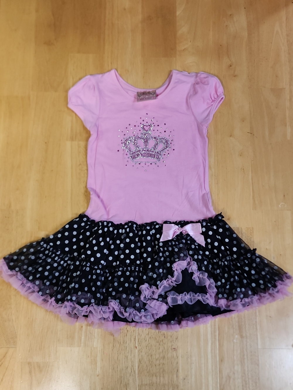 Beautees Pink Rhinestone Tiara Crown Tutu Dress Black Polka Dot Pettiskirt6X EUC